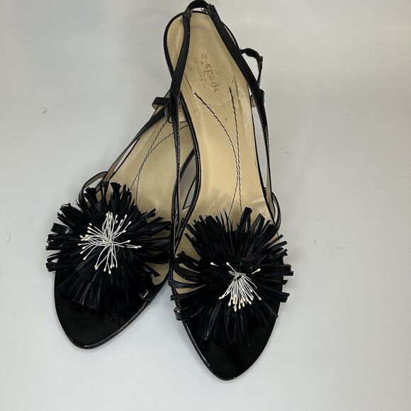 Kate Spade Kitten Heel Slingback Sandals Black Patent Flower Burst Womens Sz 10 - Picture 4 of 11
